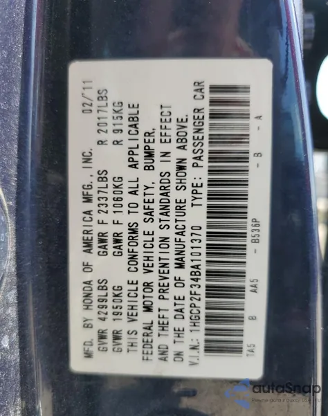 2011 Honda Accord Lx from USA, damaged, VIN 1HGCP2F34BA101370